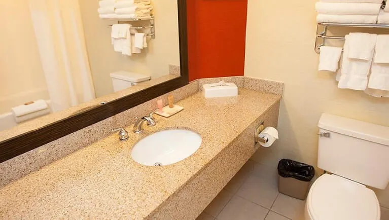 The bathroom in the accessible Shower Double Queen Suite